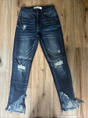KanCan Dark Blue Distressed Skinny Jeans with Frayed Hem